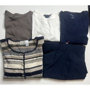 Women's Clothing Bundle - Navy Pants, 3 Tops, Striped Sweater - Size Small